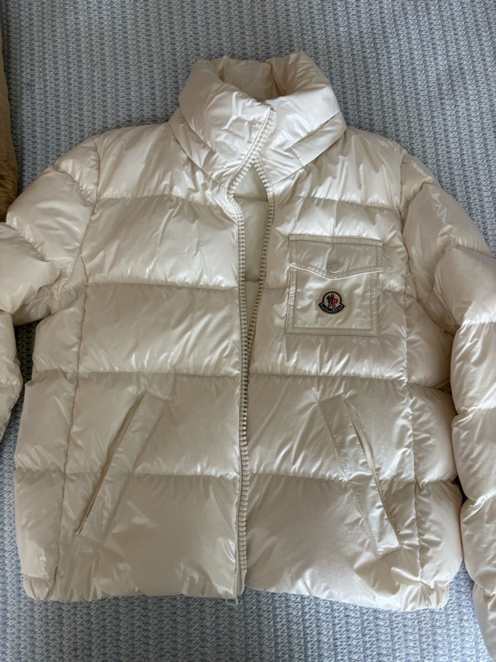 Moncler Glossy Cream Quilted Puffer with Patch Logo